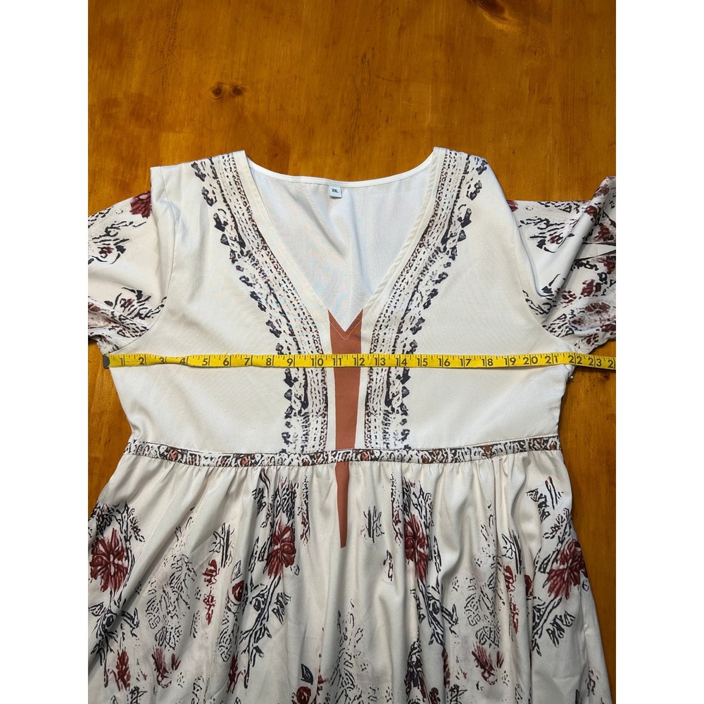 Boho Floral Hi Low Maxi Dress XXL Cream Burgundy Bell Sleeve V-Neck Empire Waist - Picture 5 of 12